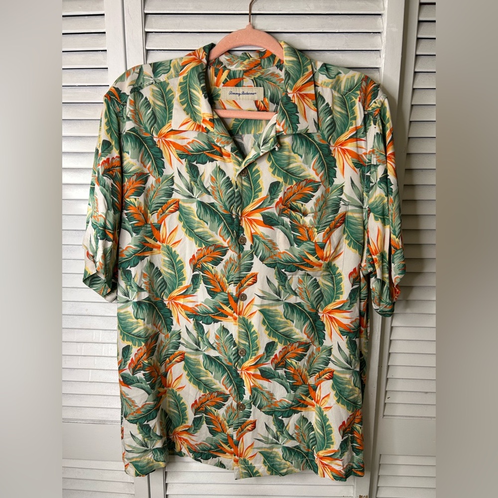 Tommy Bahama Tropical Leaf Print Short-Sleeve Shirt - Green &‎ Orange Size L